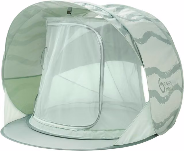 Tienda de playa anti UV evolutiva Babymoov Moov&Protect verde y plata con protección UPF 50+ y sistema pop up plegable