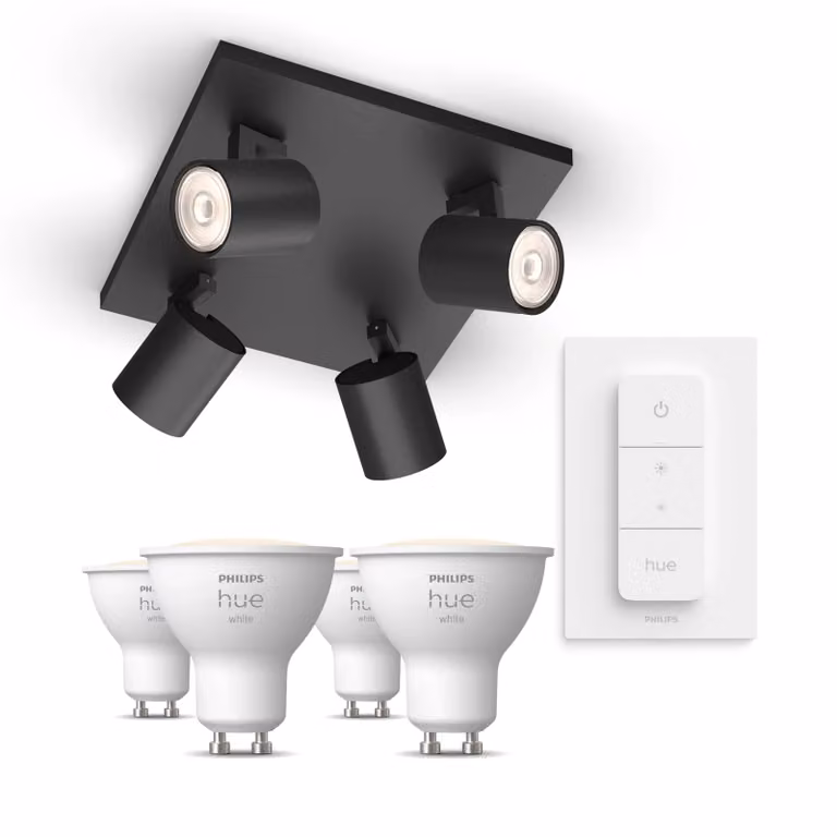 Pack Philips Hue con 4 focos Runner negros, 4 bombillas LED GU10 de luz blanca cálida y mando a distancia