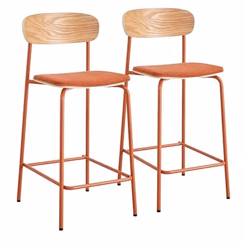 Lote de 2 sillas altas Oviala de madera y metal en color naranja con asiento de tela apilables