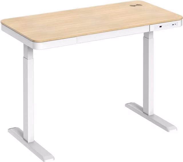 Escritorio motorizado KIMEX para trabajar sentado o de pie con cargador inalámbrico y cajón, An/P/Al: 120 x 60 x 76 cm, color blanco y beige