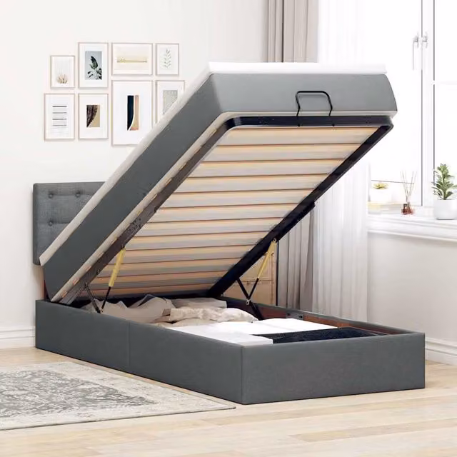 Cama otomana con colchón Maison Exclusive en tela gris oscuro, con base abatible, iluminación bajo la cama y puerto de carga USB, An/P/Al: 90 x 190 x 40 cm