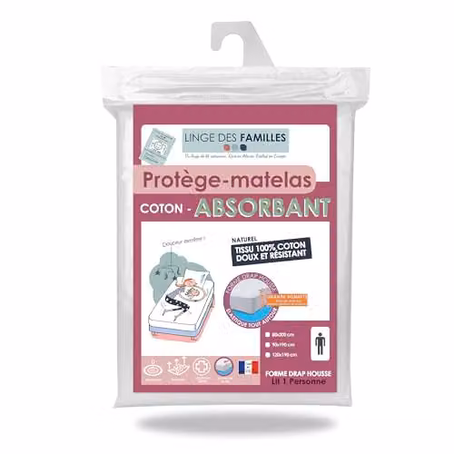 Protector de colchón Linge des Familles de algodón 100% blanco, absorbente y transpirable, An/P: 80 x 200 cm