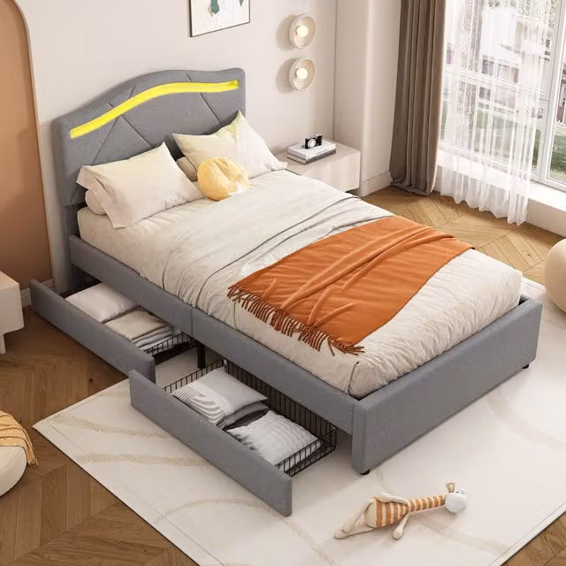 Cama individual Modenvie con 2 cajones, cabecero ajustable y luz LED regulable, tapizada en lino gris, An/P/Al: 90 x 200 x 104 cm