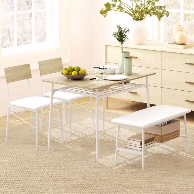 Conjunto de comedor BEAOK para 4 personas con mesa rectangular, 2 sillas y banco en color marrón y blanco, fabricado en metal y MDF con acabado mate
