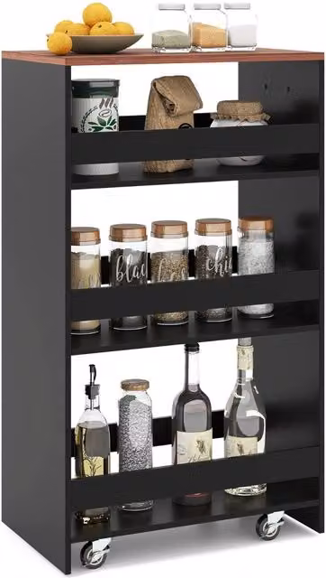 Carrito de cocina delgado NORTHIO de 4 pisos con ruedas y asa, color negro vintage, An/P/Al: 30,0 x 10,0 x 80,5 cm