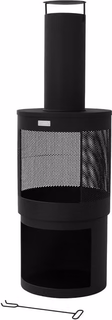 Chiminea de jardín redonda Ml-design en acero negro con atizador, Altura: 131 cm, Diámetro: 45 cm