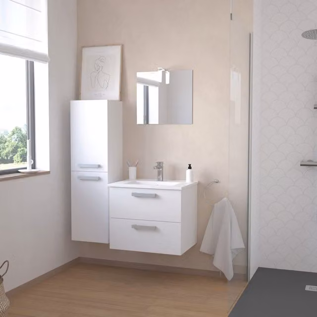 Mueble de baño suspendido ONDÉE Smart blanco con lavabo de cerámica, espejo con iluminación LED y 2 cajones An/P/Al: 60 x 46,5 x 52 cm