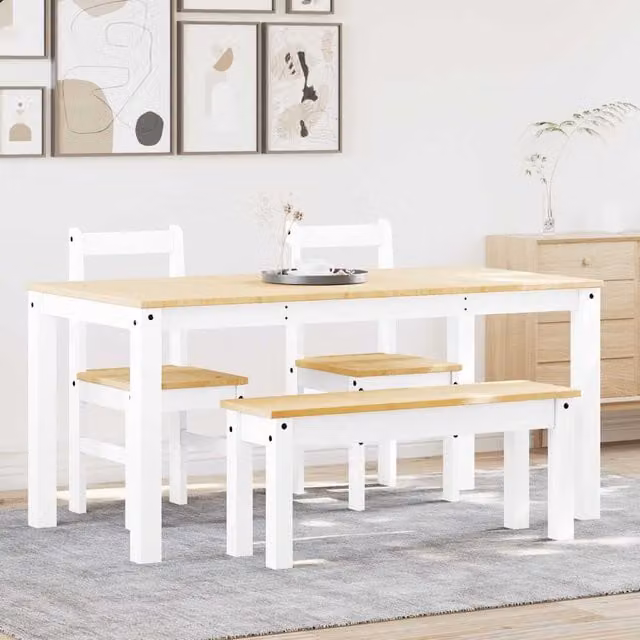 Juego de comedor Panama de Maison Exclusive con 4 piezas en madera maciza de pino color blanco
