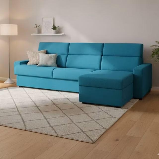 Sofá cama con chaise longue Pusiano de DMORA en azul, desenfundable y con estructura de madera sólida, An/P/Al: 280 x 160 cm