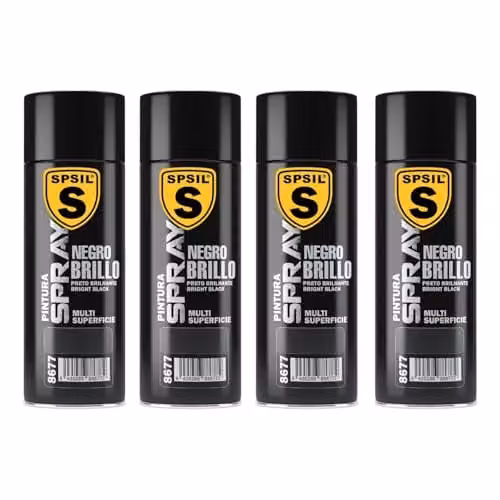 Pack de 4 unidades de Pintura Spray SPSIL Negro Brillante de Secado Rápido para Madera y Plástico, 200 ml cada una