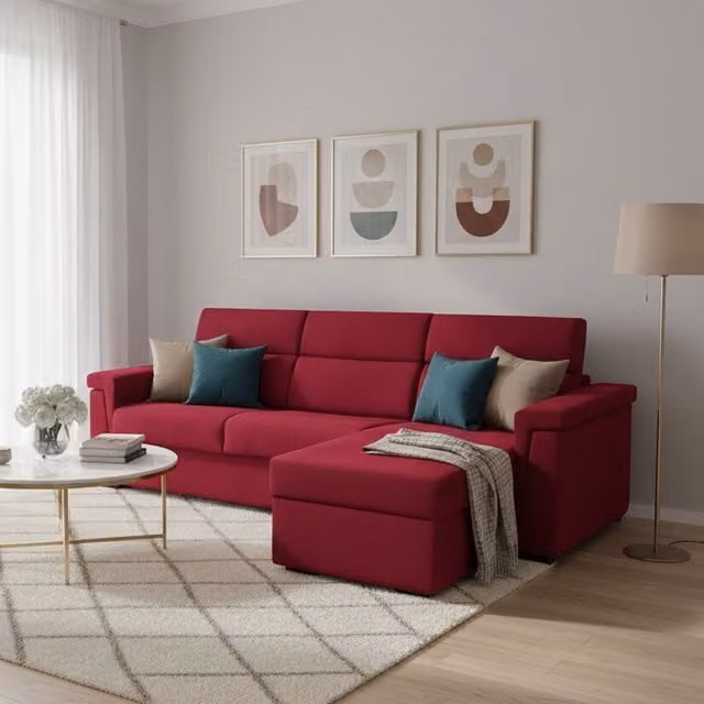 Sofá cama con chaise longue DMORA rojo, diseño reversible y desenfundable con estructura de madera sólida, An/P/Al: 285 x 160 cm