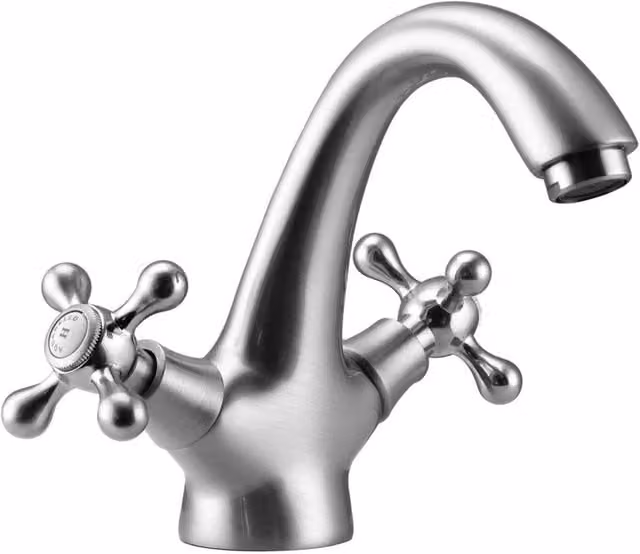 Grifo de lavabo Aquanello RVS Heritage Ascot NB-4101-HA de latón en acabado acero cepillado color plata con dos mandos