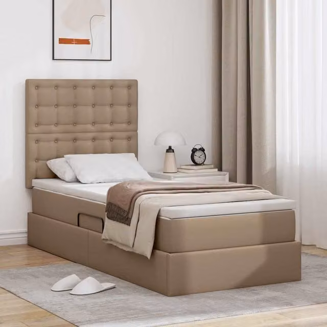 Cama con almacenamiento y LED Maison Exclusive en color beige con base abatible y puerto de carga USB, An/P/Al: 90 x 190 x 128 cm