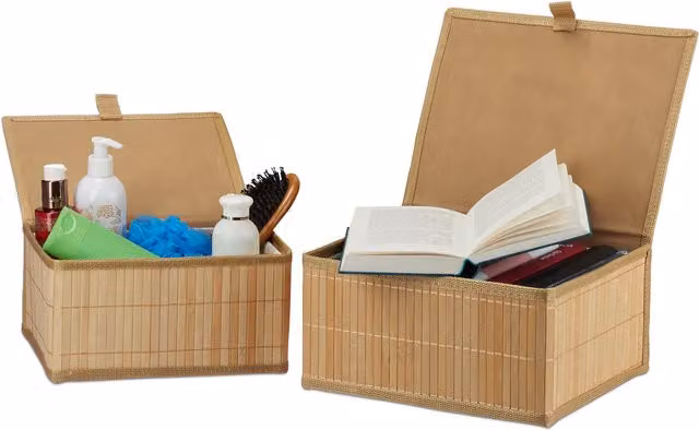 Set de 2 cestas de almacenaje con tapa Relaxdays de bambú y tejido en color beige para baño o habitación infantil