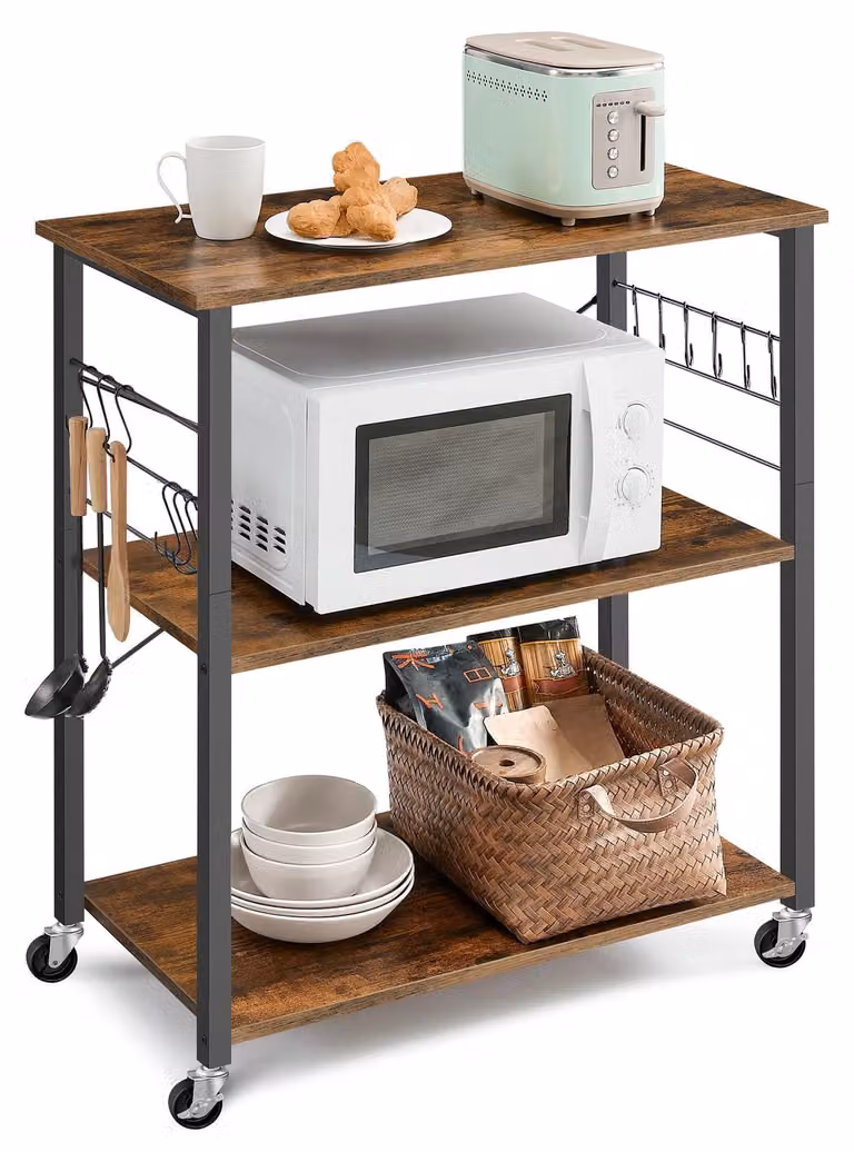 Carro de servicio para cocina VASAGLE con 3 niveles y 6 ganchos, estructura de metal y madera, color marrón vintage, An/P/Al: 40 x 80 x 89 cm