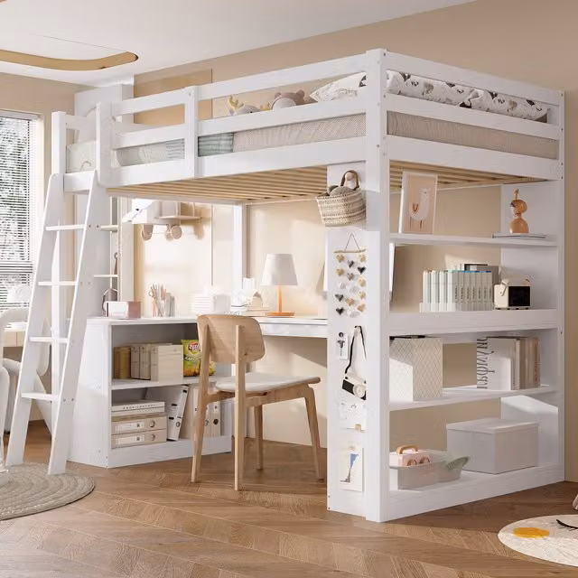 Cama alta infantil MODENVIE con estantería lateral y escalera inclinada, color blanco, An/P/Al: 90 x 200 x 170 cm
