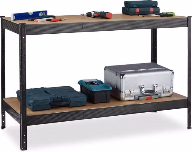 Banco de trabajo Relaxdays de acero y MDF con 2 estantes regulables, capacidad de 600 kg, color negro y marrón, An/P/Al: 141 x 91 x 61 cm