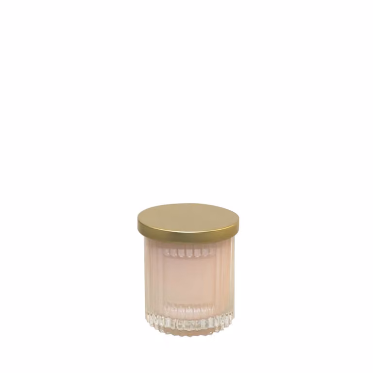 Vela de pilar Aulica rosa con tapa dorada y fragancia frutal de coco para mesa