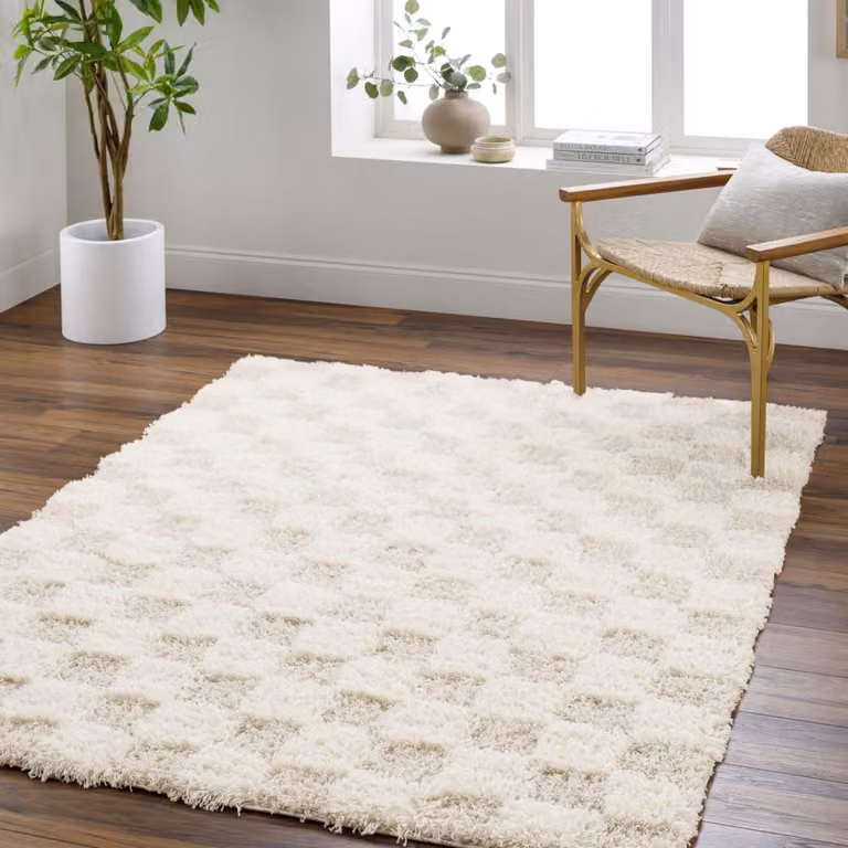 Alfombra shaggy Livabliss con diseño de cuadros en color beige, An: 200 cm, Al: 290 cm