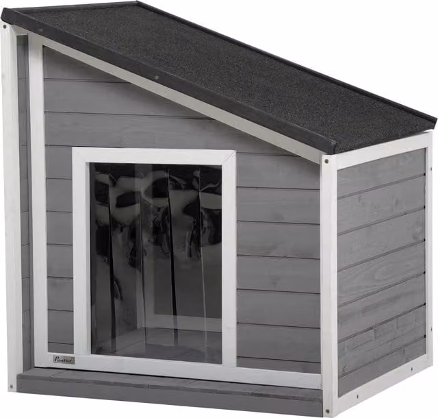 Caseta para perros de madera maciza PawHut resistente a la intemperie con techo removible, Gris y Blanco, An/P/Al: 71 x 58 x 77 cm