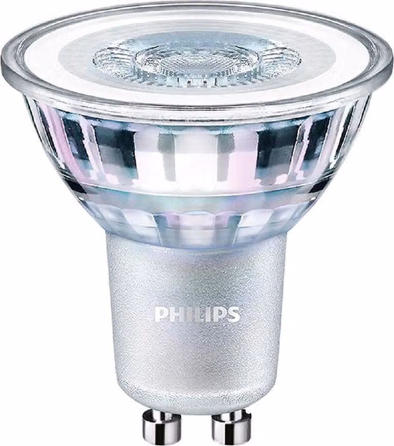 Foco LED Philips CorePro LEDspot 4-50W/827 blanco, casquillo GU10, ángulo de emisión 36°, regulable, luz blanca cálida, clase de eficiencia energética F