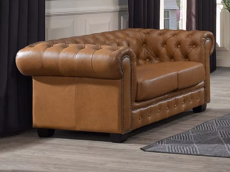 Sofá Chesterfield de 2 plazas VENTE-UNIQUE en piel de búfalo color marrón con estructura de madera sólida