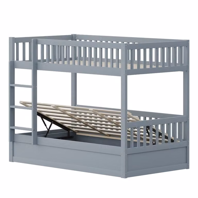 Cama alta infantil MODFU de madera de pino con dos niveles, escaleras y base abatible en color gris y blanco, An/P/Al: 90 x 200 cm