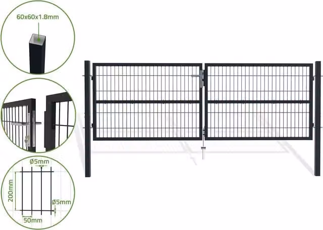 Puerta batiente doble de malla metálica Casanoov en acero galvanizado color gris, An/P/Al: 306 x 150 x 18 cm
