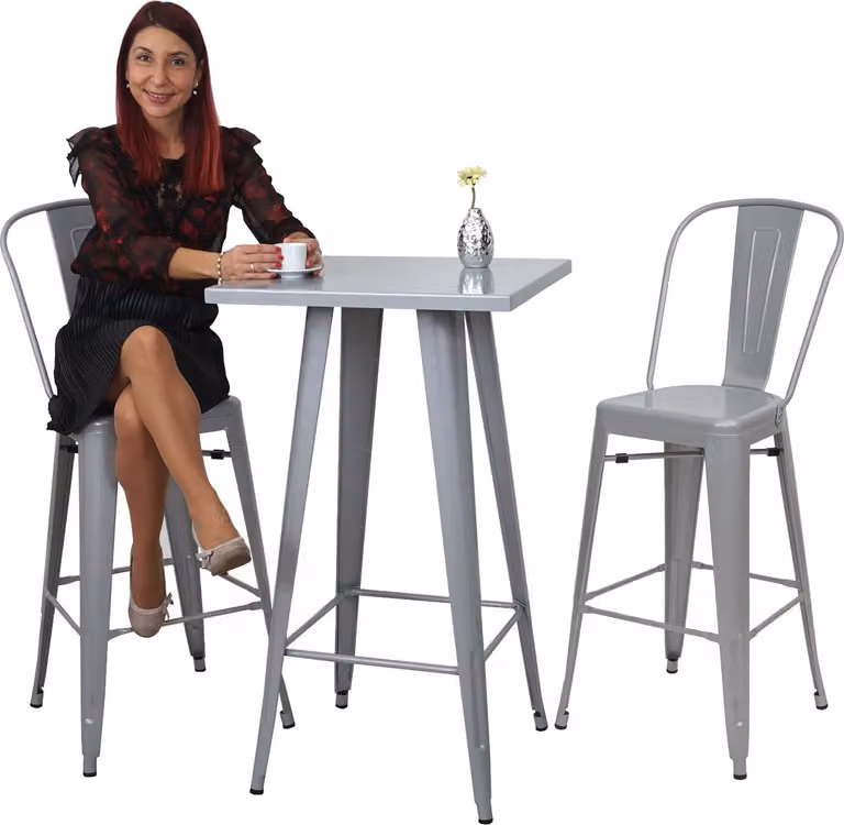 Set de mesa alta y 2 taburetes Mendler HWC-A73 de diseño industrial en metal color gris
