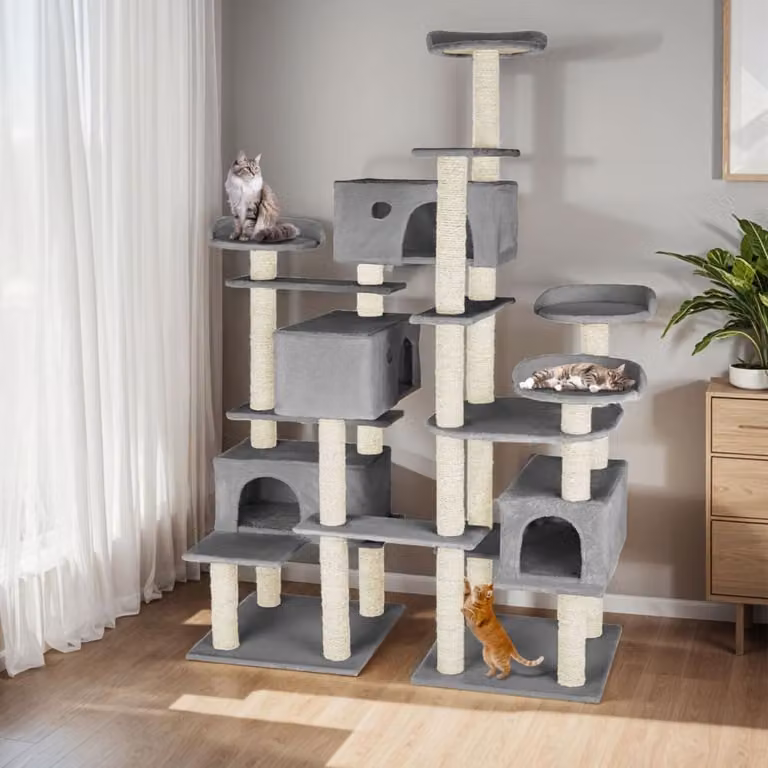 Árbol rascador para gatos TecTake con postes de sisal y cueva, color gris, Altura: 214 cm