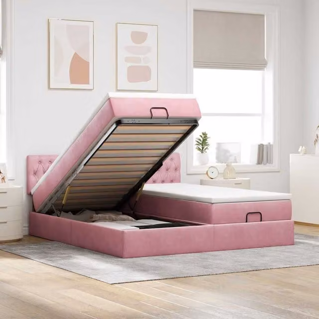 Estructura de cama otomana con base elevable Maison Exclusive en terciopelo rosa y blanco, An/P/Al: 180 x 200 x 78 cm