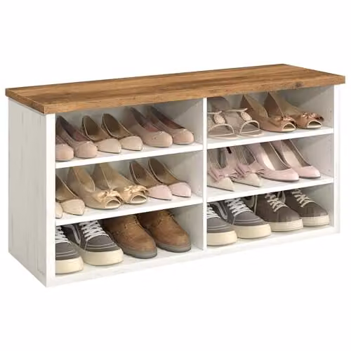 Banco zapatero VASAGLE con asiento para recibidor o dormitorio, diseño moderno geométrico, color marrón y blanco, An/P/Al: 136 x 29,5 x 50 cm