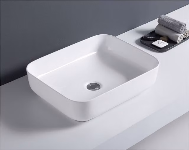 Lavabo rectangular de sobreponer Ondee en cerámica blanca sin rebosadero An/P: 50 x 38,5 cm