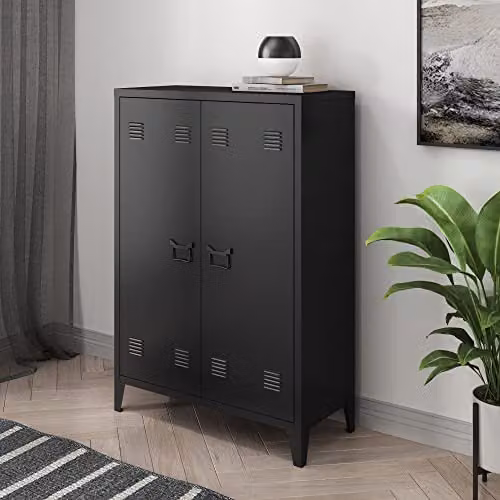 Armario Metálico de Oficina en.casa con Puertas Batientes, Cerradura y 2 Estantes Regulables, Negro, Al x An x P: 110 x 75 x 33 cm
