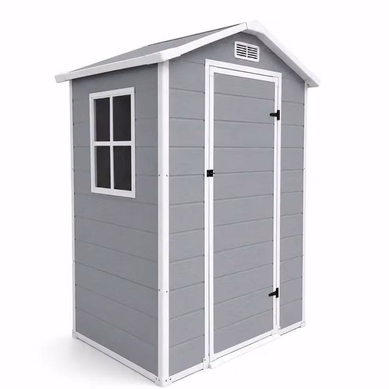 Caseta de jardín Lorvik de resina y plástico en gris y blanco con ventana, ventilación y cierre de seguridad, An/P/Al: 196 x 101,6 x 94 cm