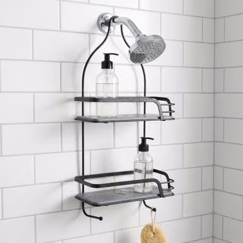 Estantería de ducha colgante Mafi Home con 2 estantes y base de diatomita en color negro, organizador de baño con drenaje y ganchos incluidos