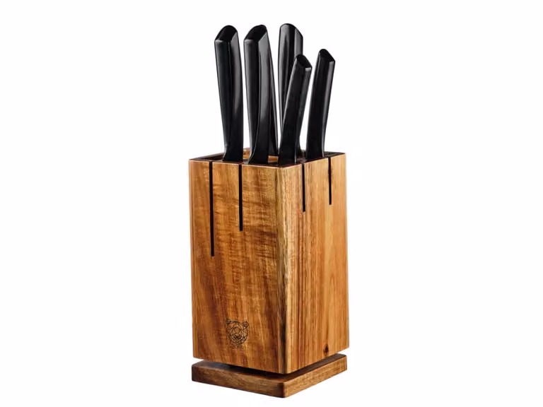 Set de 7 cuchillos de cocina Jensen Skagen con bloque de madera en color negro y acero inoxidable