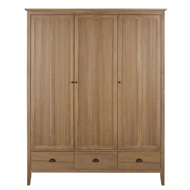 Armario de 3 puertas y 3 cajones de Maisons du Monde en chapa de acacia y eucalipto color marrón y beige con acabado mate y estilo rústico