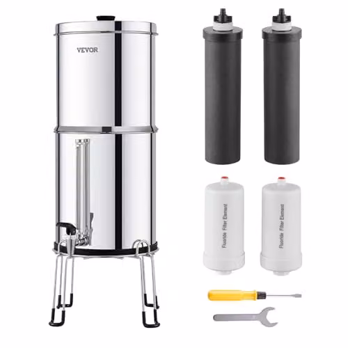 Sistema de filtración de agua por gravedad VEVOR de 7,5 l en acero inoxidable color plata con 2 filtros de carbón activado, 2 filtros de defluoración y grifo