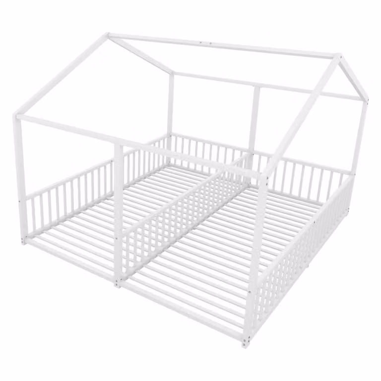 Cama infantil minimalista MODFU con barandilla metálica perimetral, color blanco brillante, An/P: 90 x 200 cm