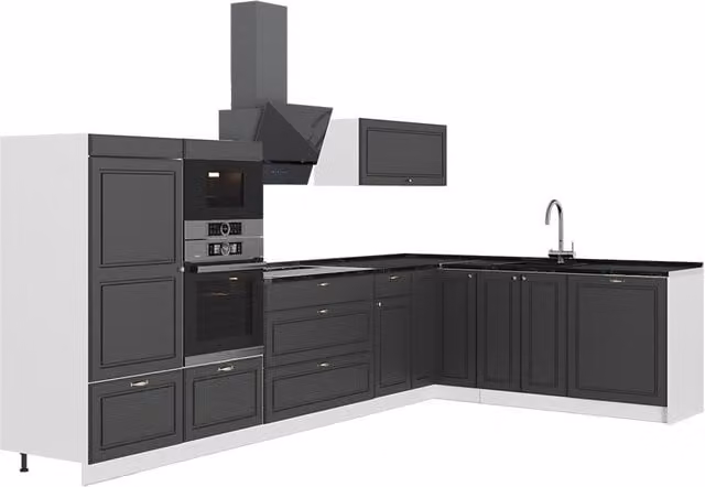 Cocina esquinera Vicco Fame-Line en estilo Landhaus, color antracita, oro y blanco, An/P/Al: 347 x 207 x 60 cm
