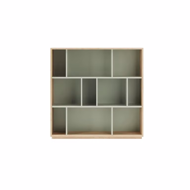 Estantería librería Herdasa de diseño moderno y geométrico en melamina color roble y verde, An/P/Al: 117 x 32 x 119 cm
