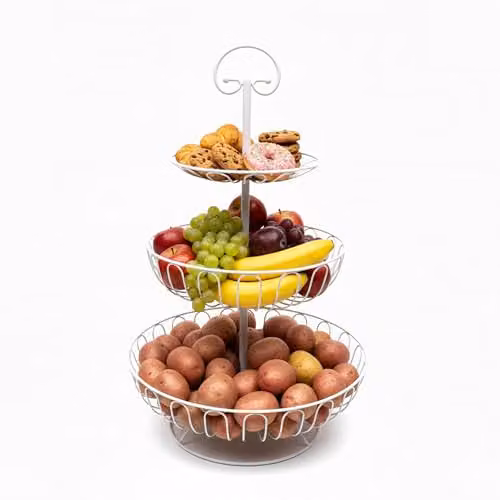 Frutero de 3 niveles Relaxdays de metal redondo en color blanco, Altura: 47 cm, Ancho: 30 cm