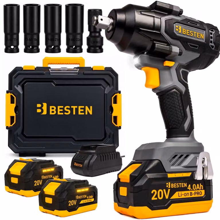 Atornillador de impacto inalámbrico sin escobillas BESTEN B-PRO de 800 Nm con 2 baterías de 4,0 Ah y kit de vasos en color negro