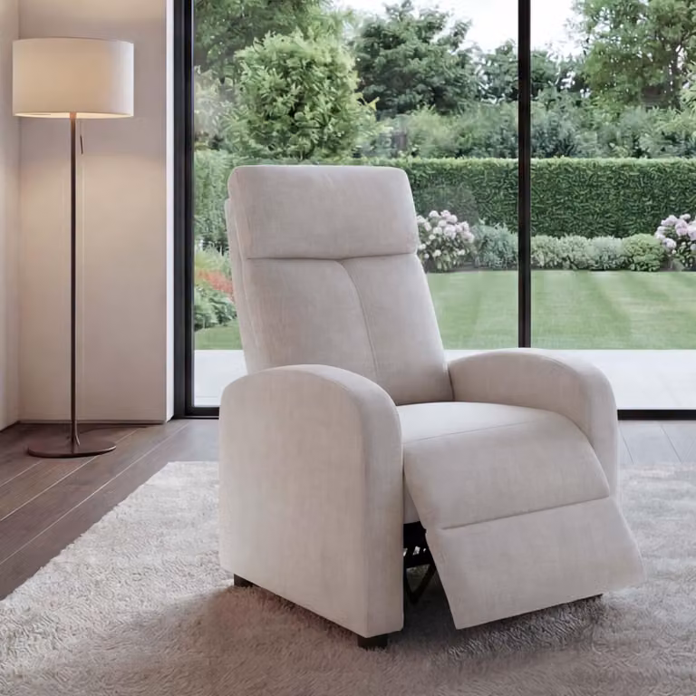 Sillón de televisión Mendler reclinable con reposabrazos, tapizado en tela, color beige