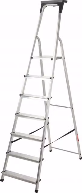 Escalera de tijera plegable KADAX Vulvik de aluminio con 7 escalones y bandeja, color plata, capacidad de 125 kg