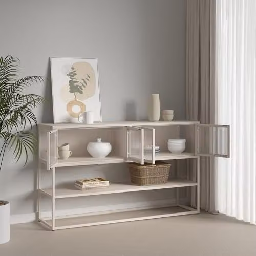 Aparador Säkylä en.casa con 4 puertas de vidrio acanalado y estructura de metal, color marrón, An/P/Al: 150 x 38 x 90 cm