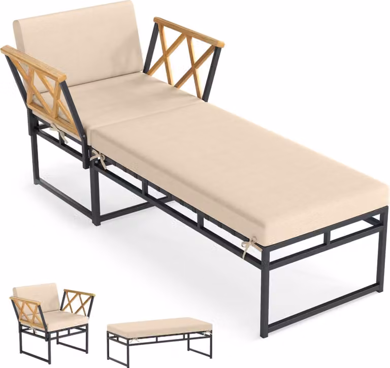 Set de sillas lounge para exterior Northix con estructura de metal y madera de acacia tratada con cojines incluidos en colores beige, marrón o negro