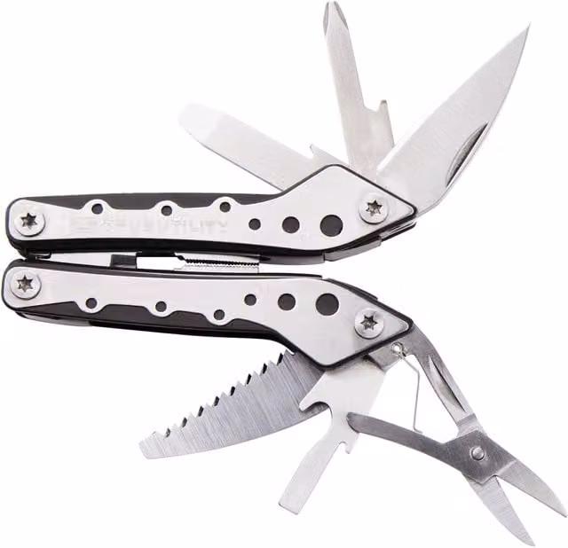 Minimultiherramienta True Utility de acero inoxidable color plata con destornilladores, cuchillo, sierra y alicates