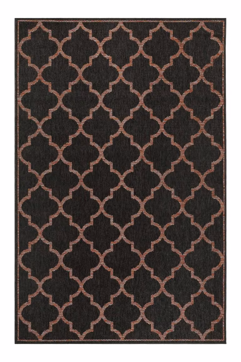 Alfombra de exterior Wecon Home con diseño oriental en colores negro y coral, An/P: 200 x 133 cm